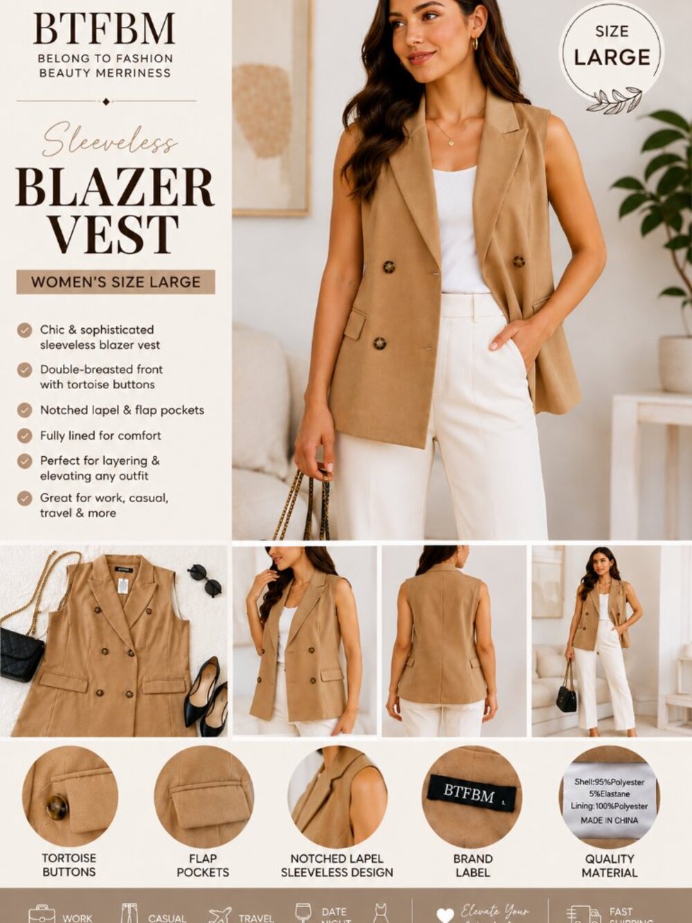 BTFBM Sleeveless Double-Breasted Blazer Vest – Women's Size Large – Camel/Tan –